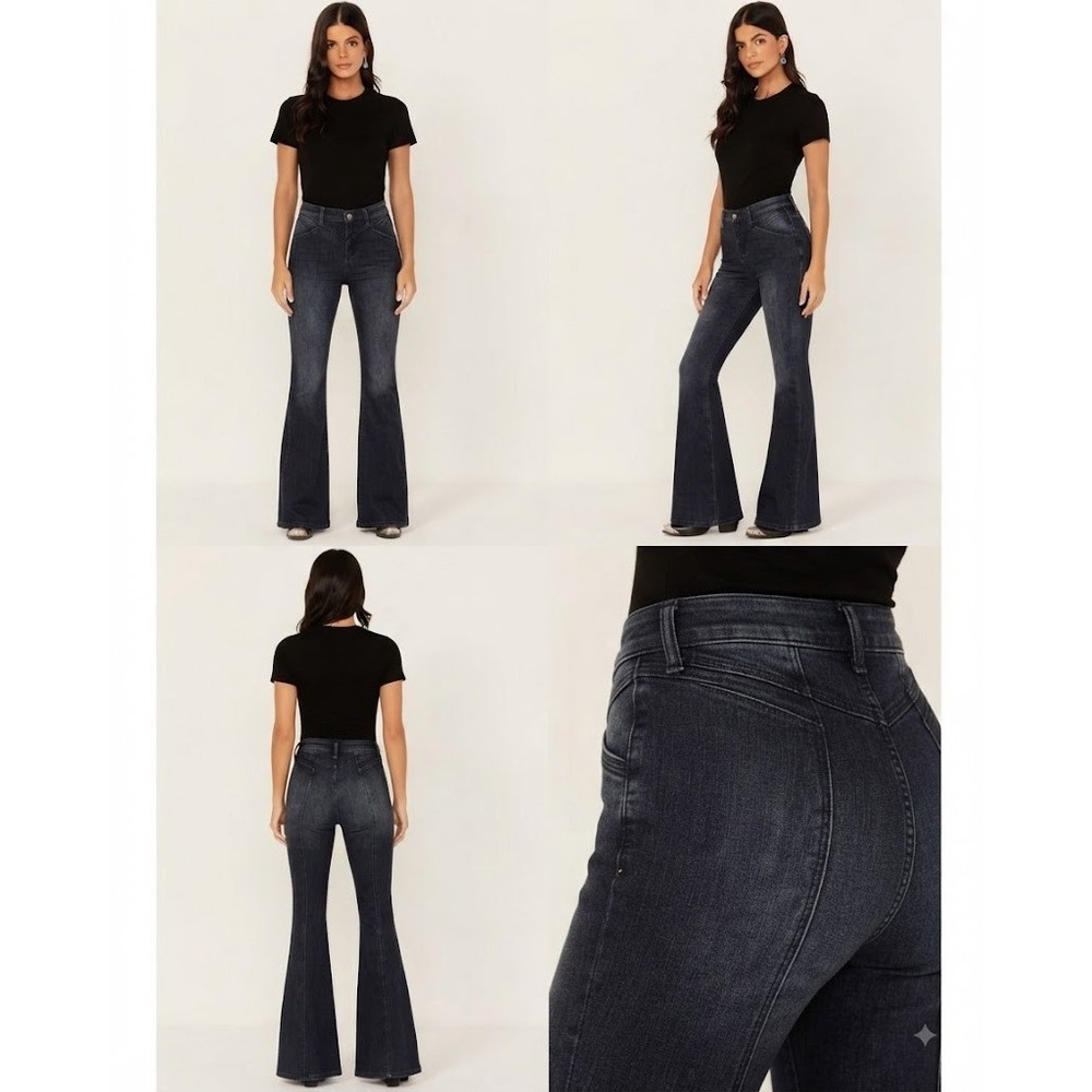 Shyanne Flare Jeans Womens 30x34 Dark Blue Modern Retro Stretch Seam Detail